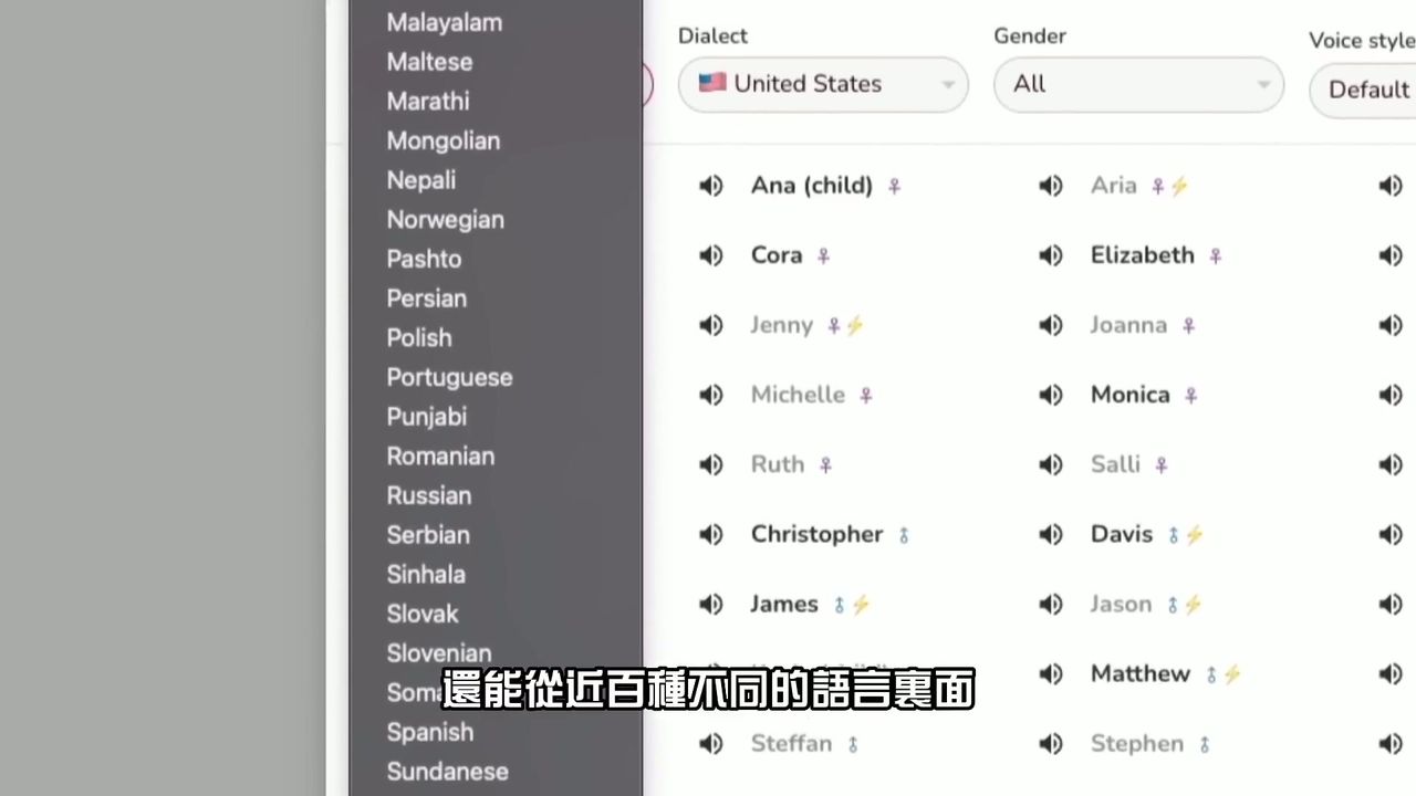 Fliki中文方言选择菜单，显示8种可选方言