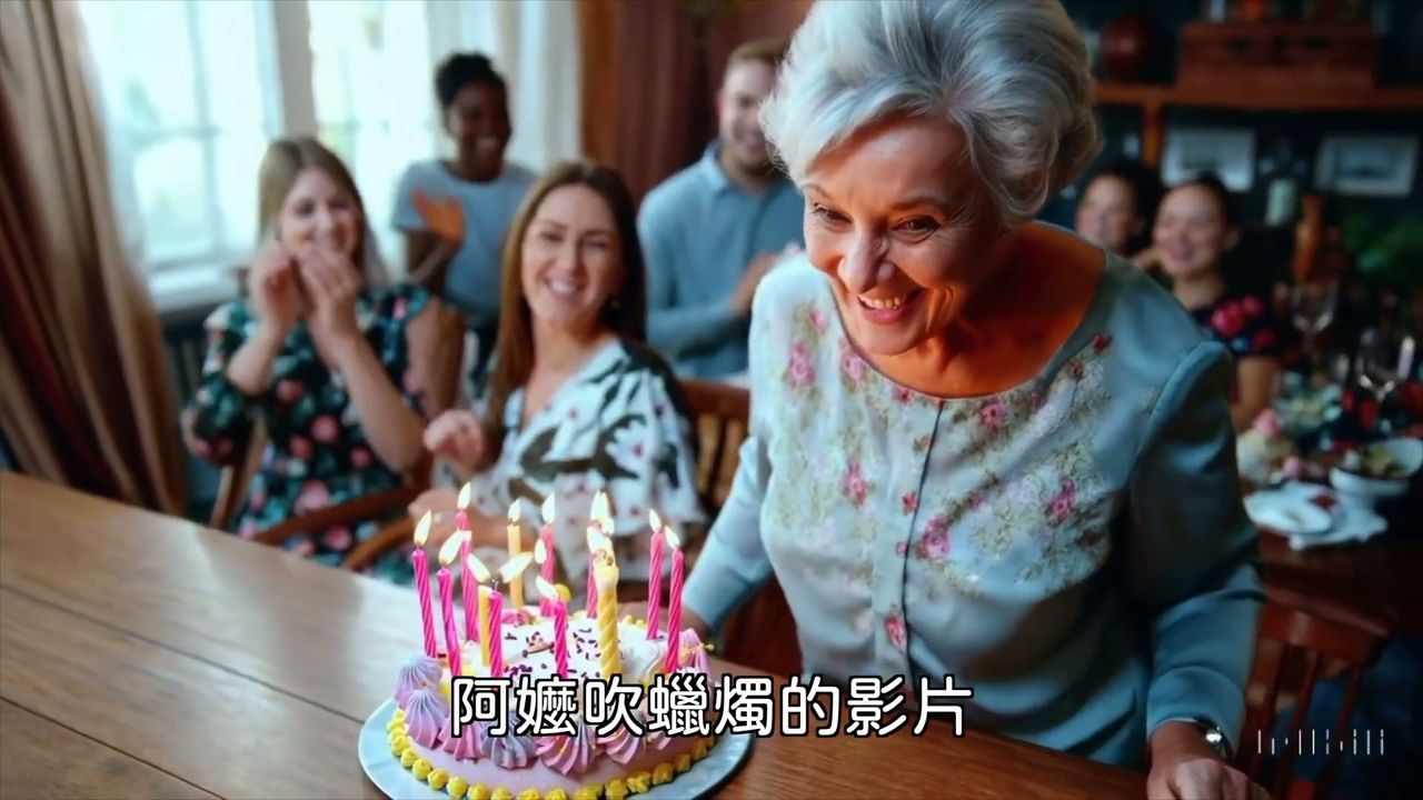 An elderly woman blowing out birthday candles with unnatural hand positioning and gaze