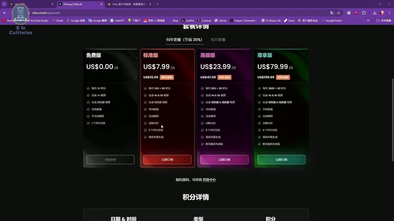 Vidu AI 的收费与积分说明画面，显示免费版80积分以及付费订阅的差异